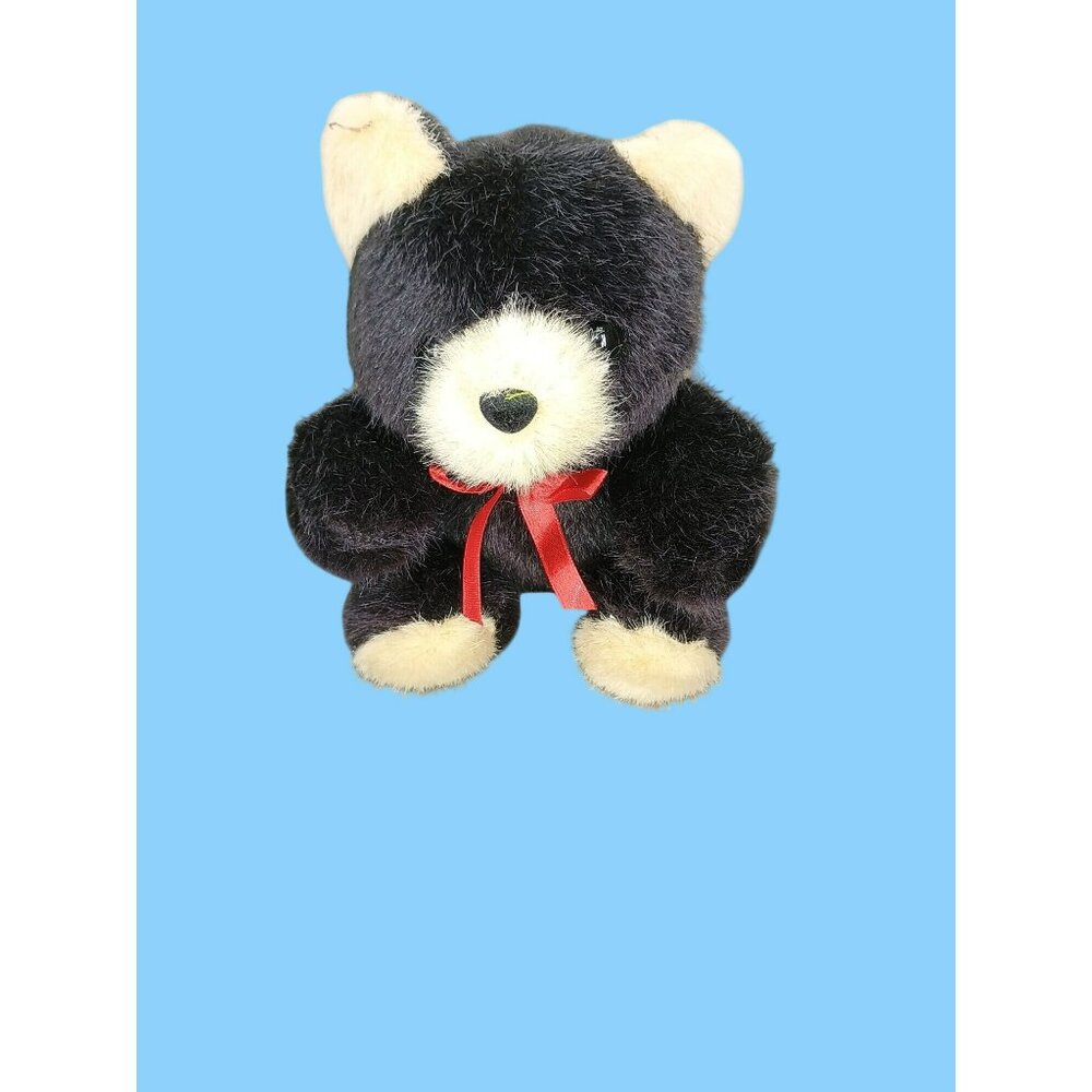 Black & Cream Plush Teddy Bear With Red Ribbon - Made By International Silver Co